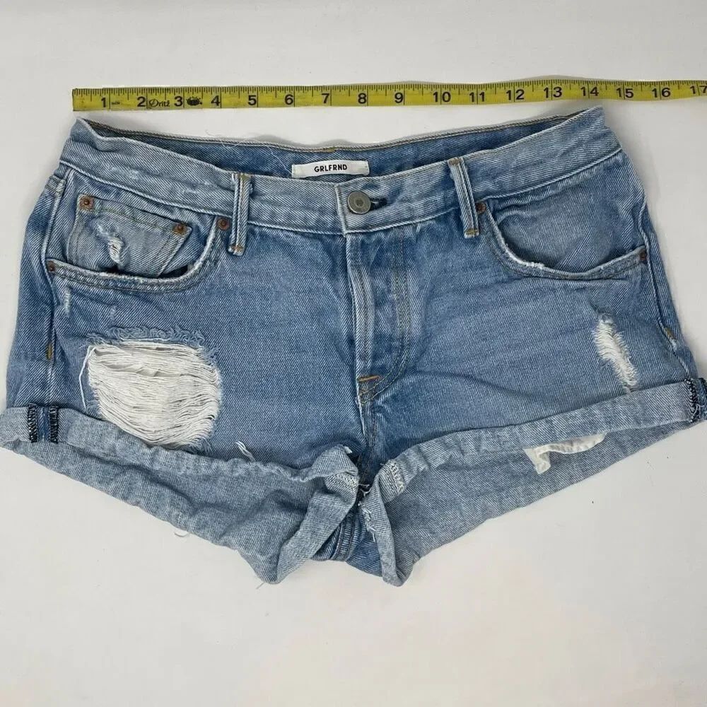 Grlfrnd Light Wash Blue 'Wear Me Out' High Rise Distressed Denim Shorts Size 26